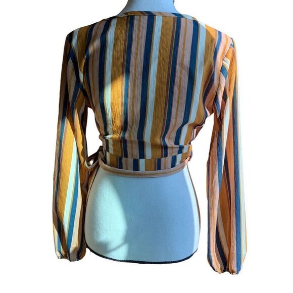 Favlux Cropped Wraparound Tied Blouse Striped Green Gold Bubble Sleeve Wmn Small - Picture 2 of 8